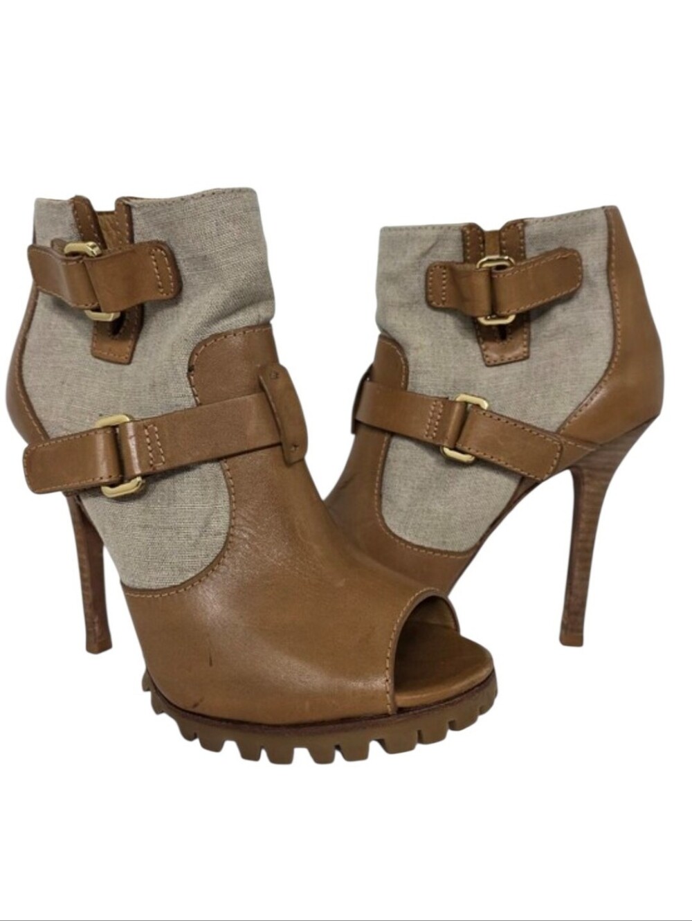 Tory Burch Tan & Beige Peep-Toe High Heel Ankle Boots Size 8.5 M